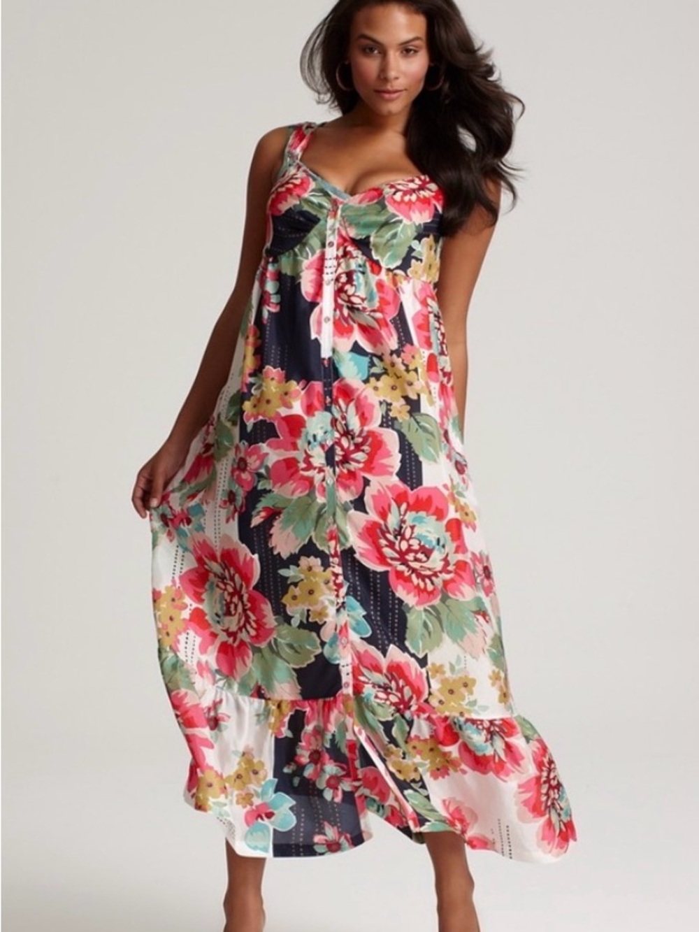 Johnny Was Silk Navy Floral Maxi Dress with Pink, Mint & Yellow Blooms